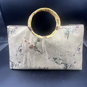 Vintage Chinese Style Tote Handbag Round Bamboo Handles Unique Gold Floral NWOT